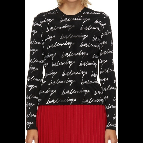 Balenciaga Black & White Ribbed Logo Knit Sweater Sz L - Picture 2 of 10